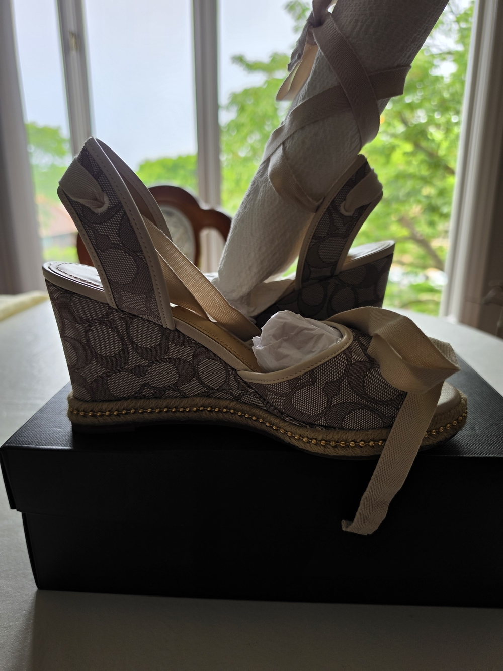 Coach Beige Canvas Signature Wedge Sandals with Ribbon Ties